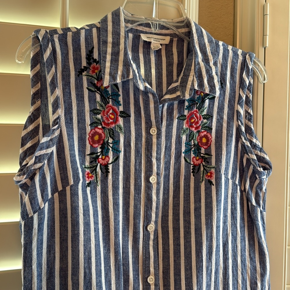Beach Lunch Lounge stripe floral sleeveless collar dress summer button up resort - Picture 5 of 8